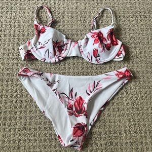 White and pink floral bikini set